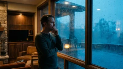 A homeowner looking out a window at a heavy rainstorm, symbolizing financial concern and home protection.