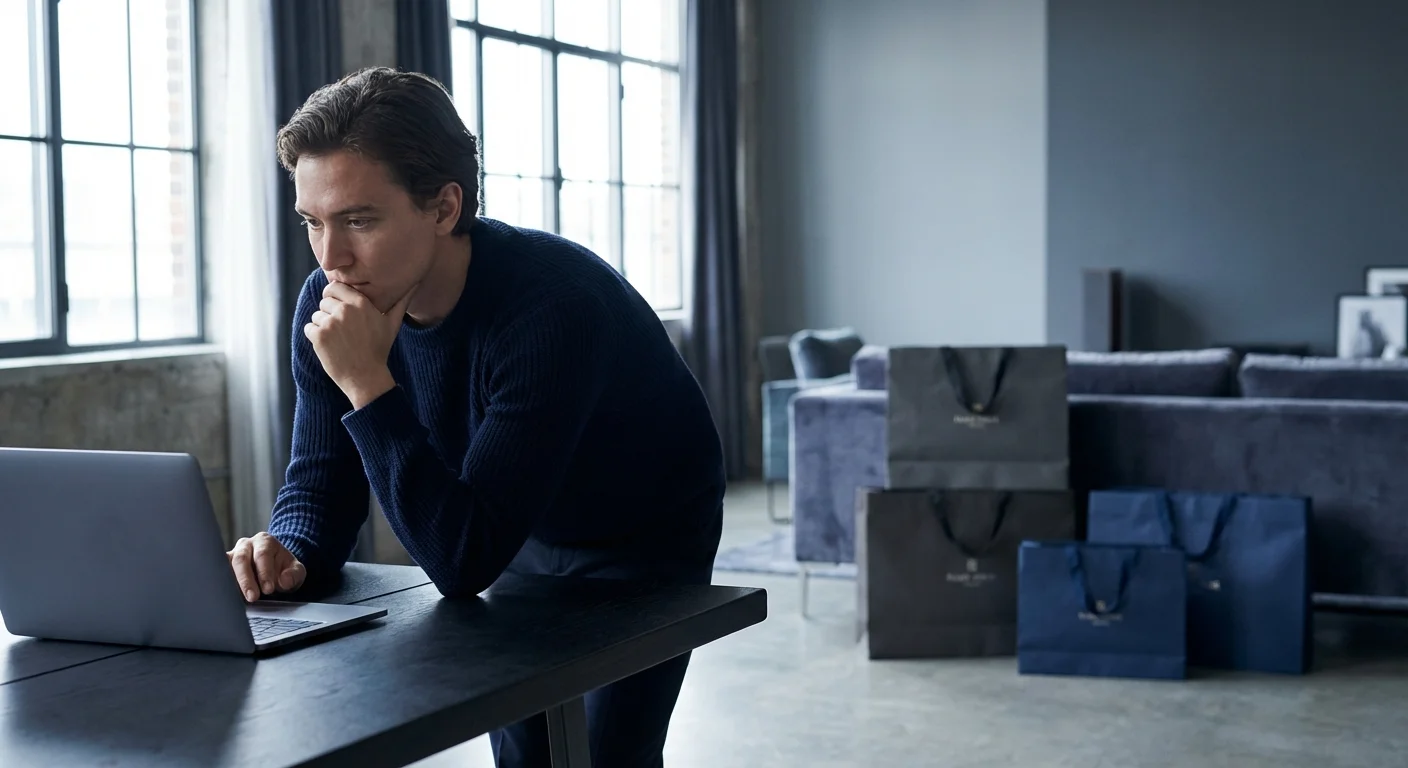 A person looking thoughtfully at a receipt, representing careful financial consideration.