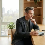 A professional executive working in a sun-drenched, modern home office with a minimalist design.