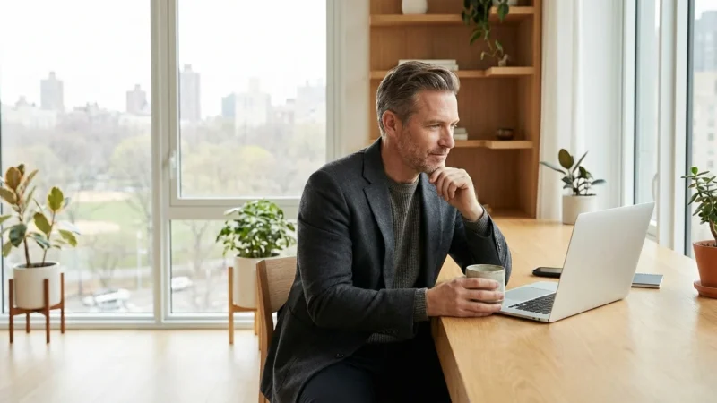 A professional executive working in a sun-drenched, modern home office with a minimalist design.