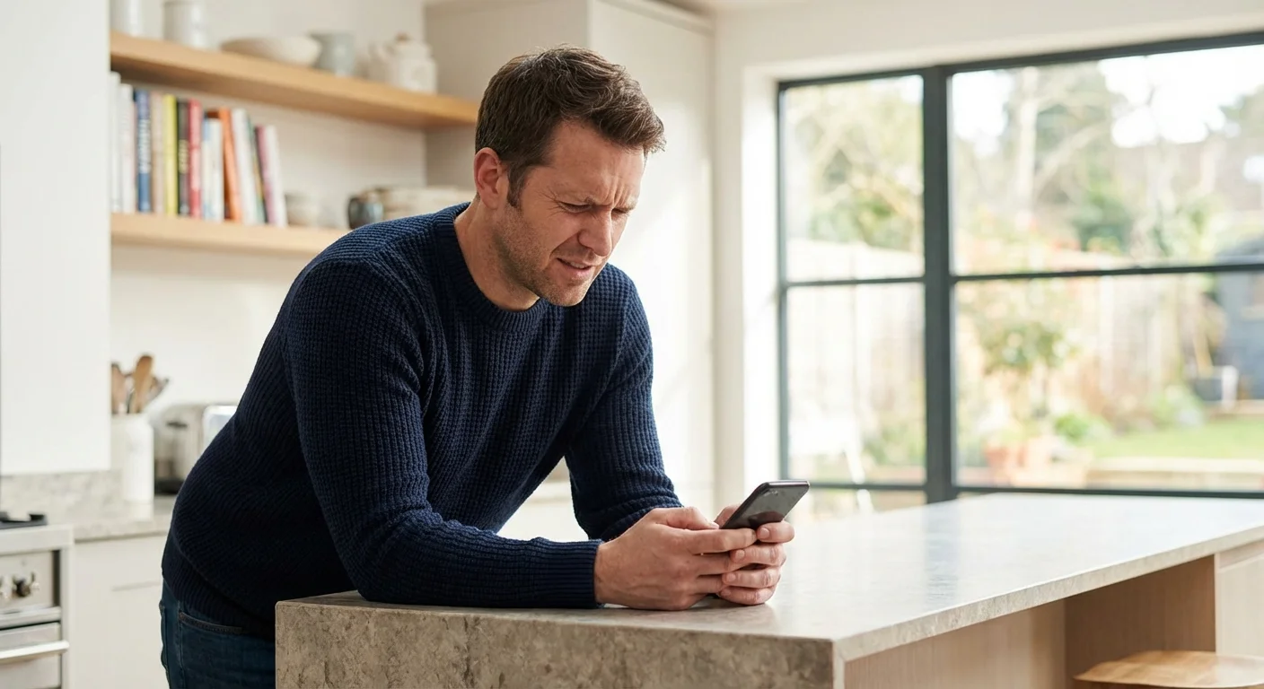 A man looking cautiously at a notification on his smartphone.