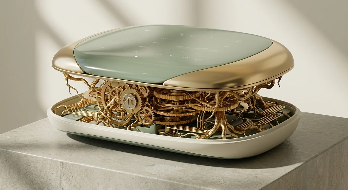 A 3D cross-section showing complex golden machinery hidden beneath a smooth, minimalist surface.