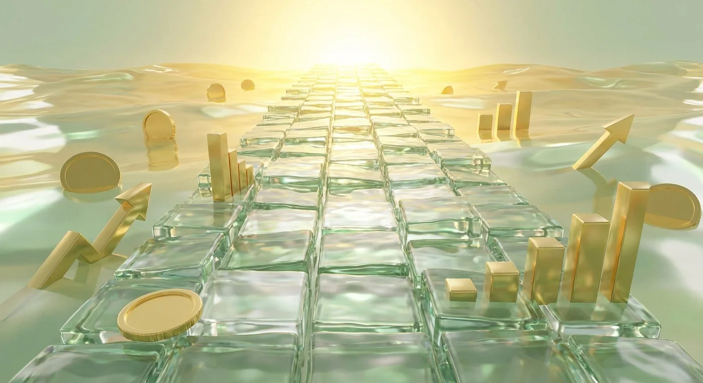Glass blocks forming a path toward a bright golden horizon.