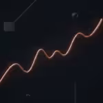 A glowing orange wavy line rising upwards against a dark background with 3D geometric shapes.