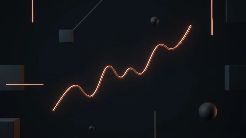A glowing orange wavy line rising upwards against a dark background with 3D geometric shapes.