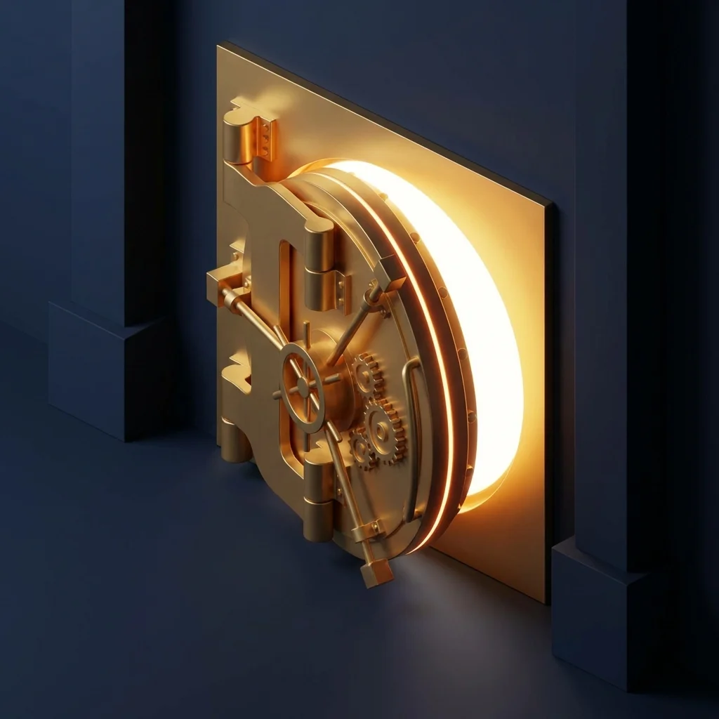 A glowing gold 3D vault door slightly open, symbolizing the high value and tax-free growth of a Roth IRA.