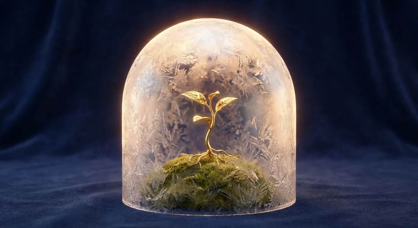 A frosted glass dome protecting a golden sprout from the environment.