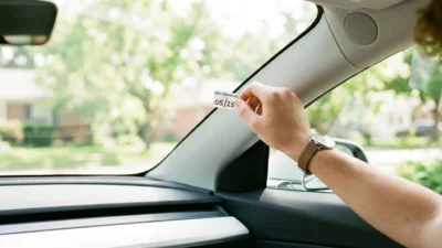 A person attaches a service reminder sticker to the windshield inside a vehicle.