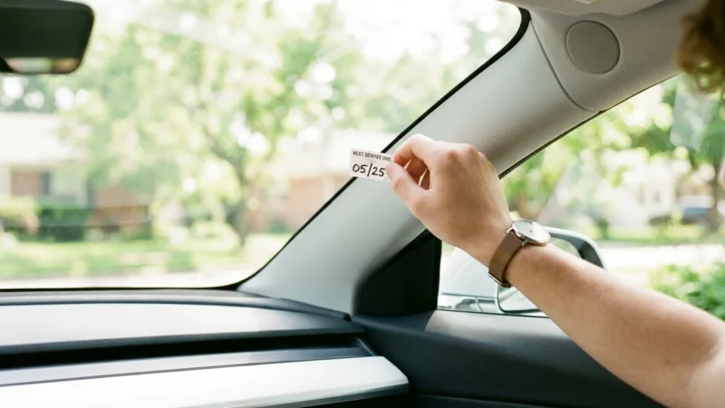 A person attaches a service reminder sticker to the windshield inside a vehicle.
