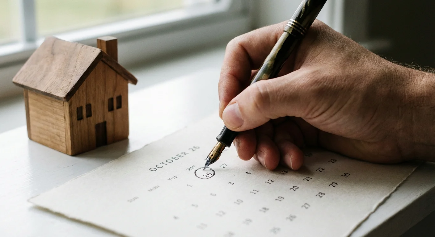 A hand circling a date on a calendar next to a small wooden house.