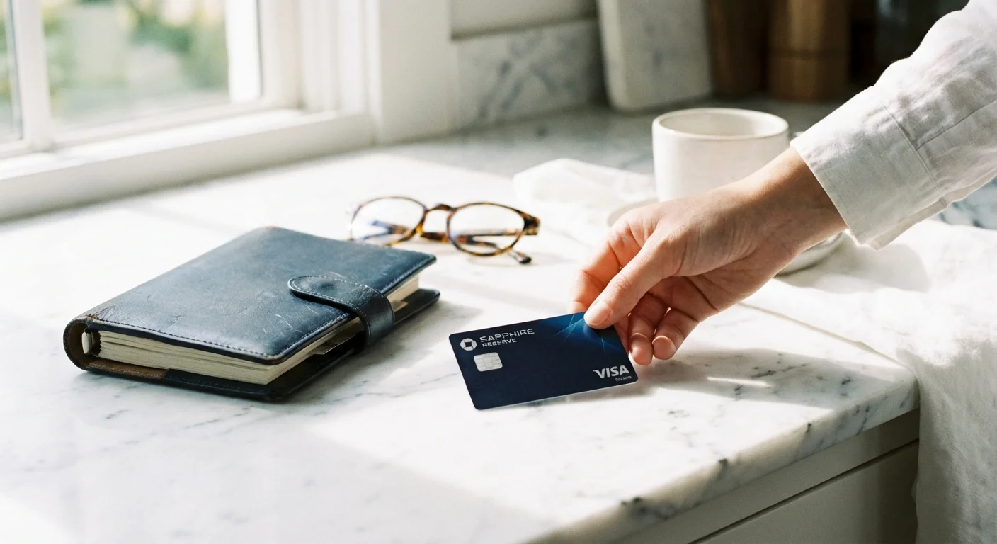 Close-up of a credit card and leather planner on a marble desk.