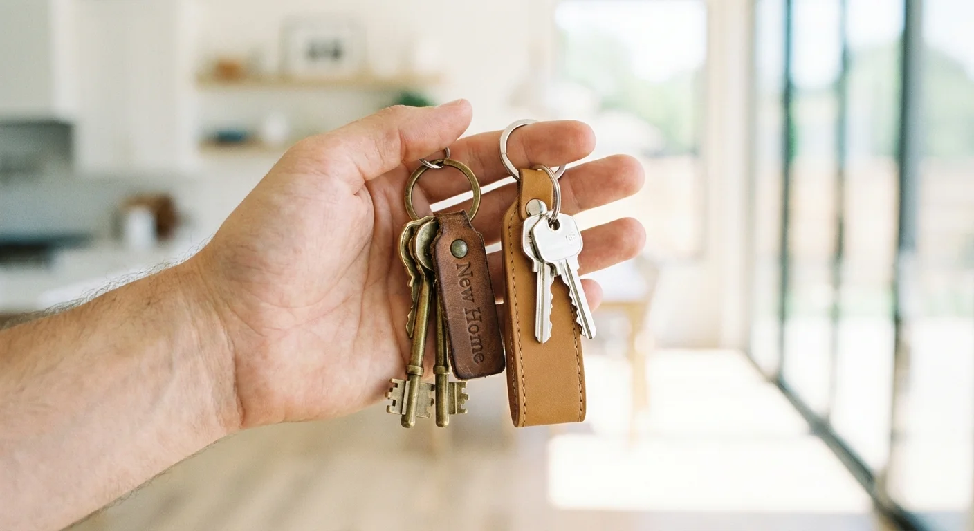 Hands holding two sets of keys representing different residences.
