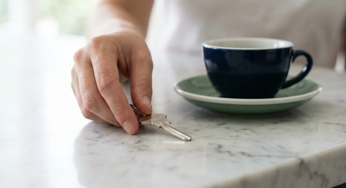 A close-up of a house key and a coffee cup on a marble counter.