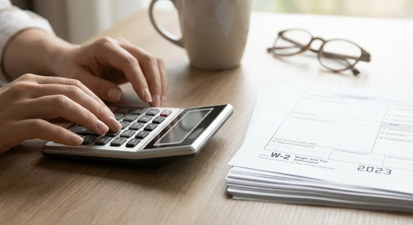 Close-up of hands using a calculator next to organized tax documents.