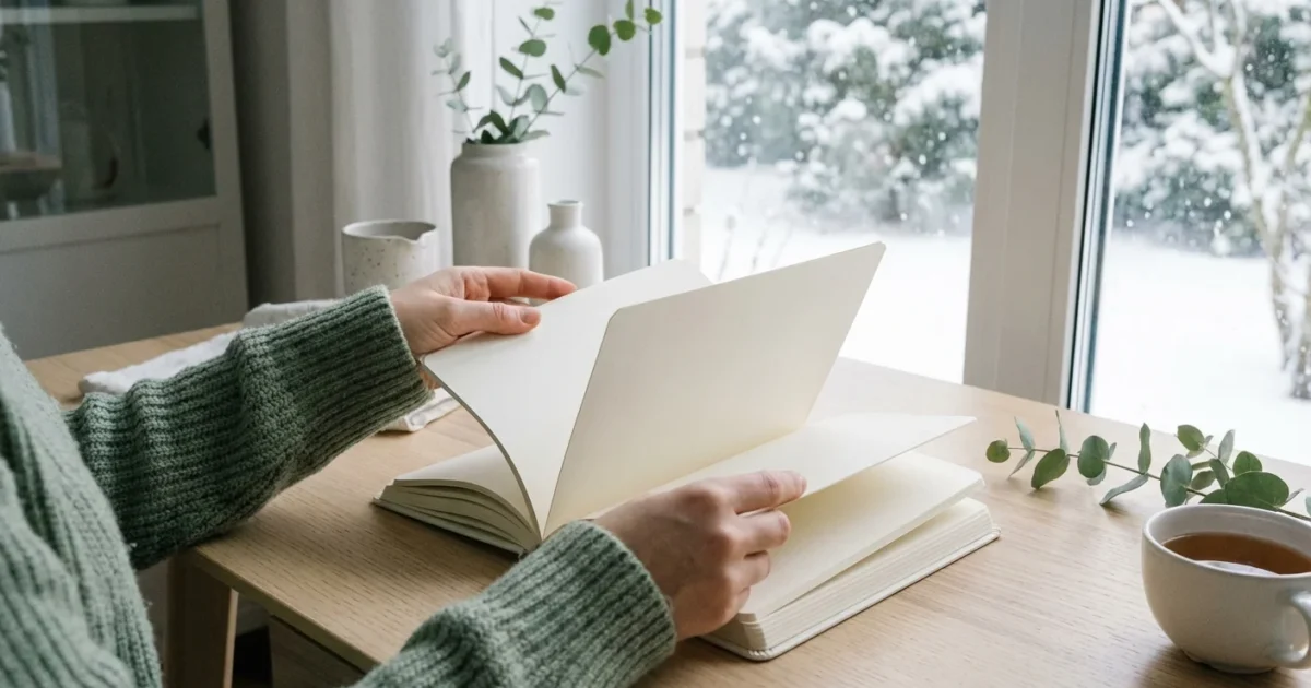 Hands in a green sweater flipping through a blank notebook by a snowy window.