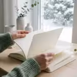 Hands in a green sweater flipping through a blank notebook by a snowy window.
