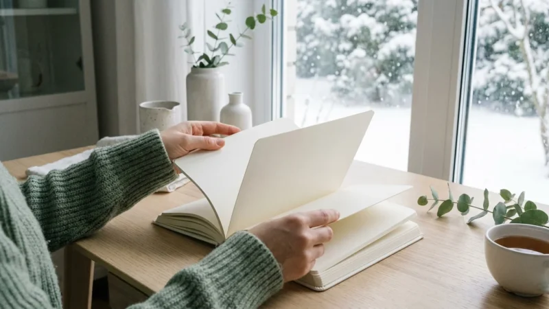 Hands in a green sweater flipping through a blank notebook by a snowy window.