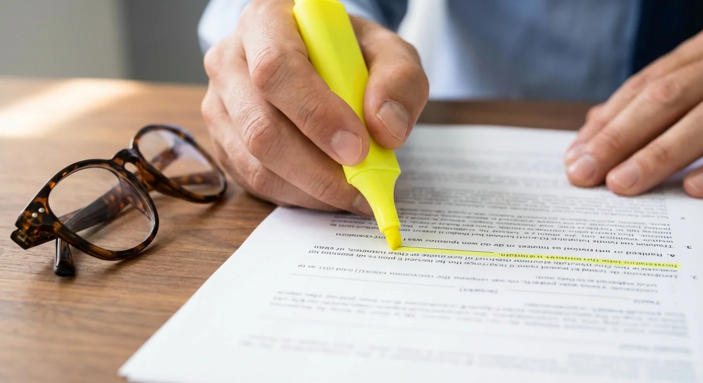 Hands highlighting a document on a desk to show attention to detail.