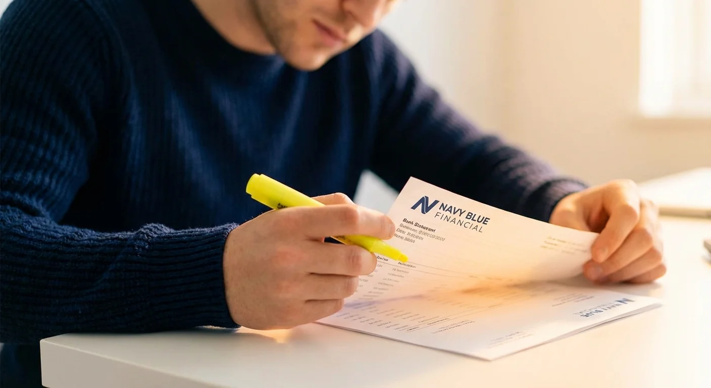 Hands highlighting details on a financial statement in soft light.