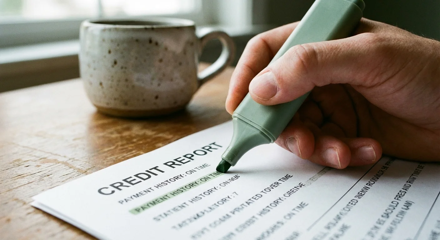 Hands highlighting details on a paper credit report.