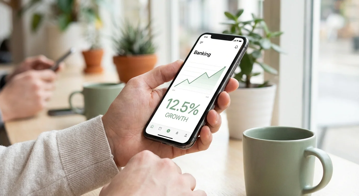 Hands holding a smartphone displaying a digital banking app with a growth chart.