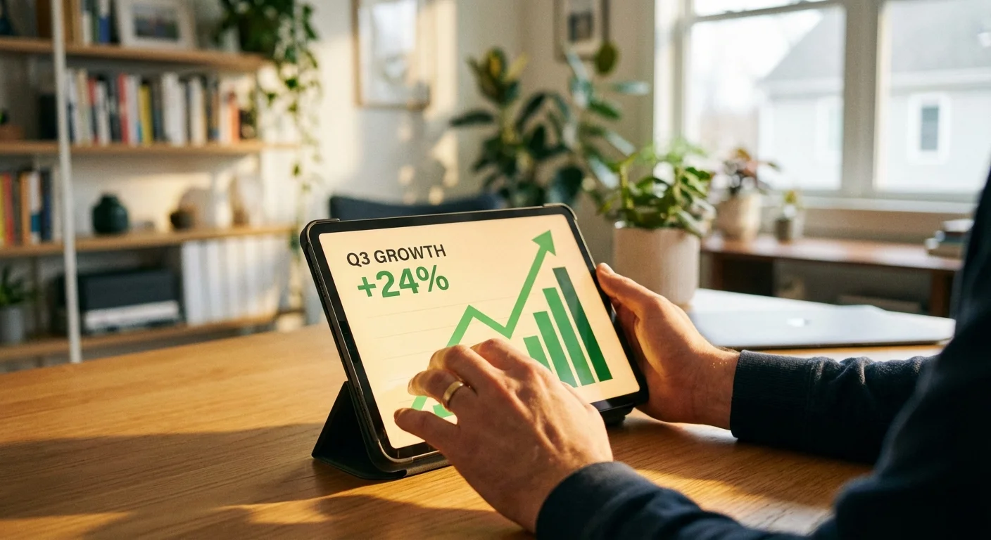Hands holding a tablet displaying a financial growth chart.
