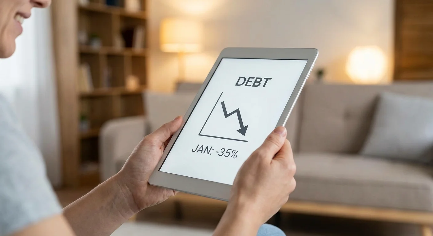 Hands holding a tablet showing a downward trending graph, representing reduced interest costs.