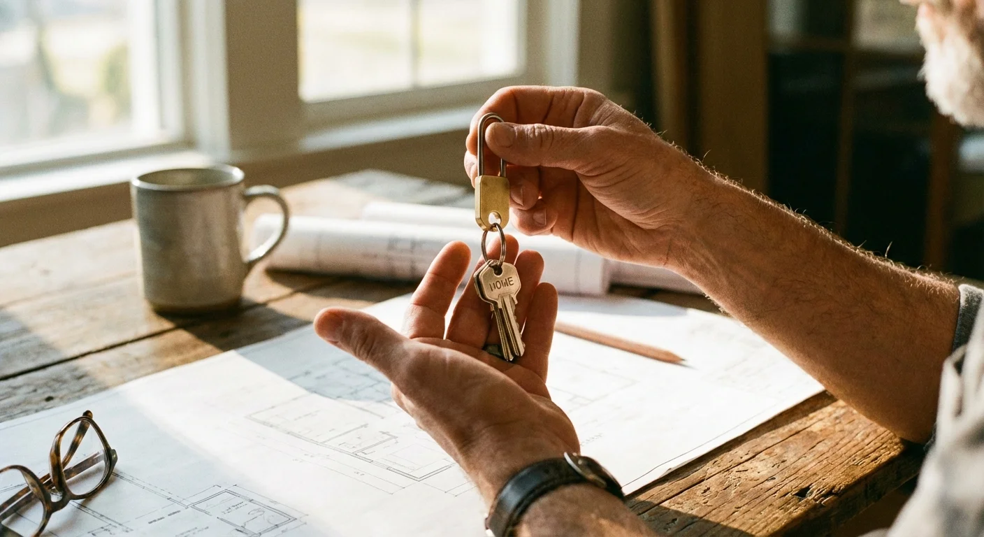 Hands holding house keys over architectural plans on a wooden table.