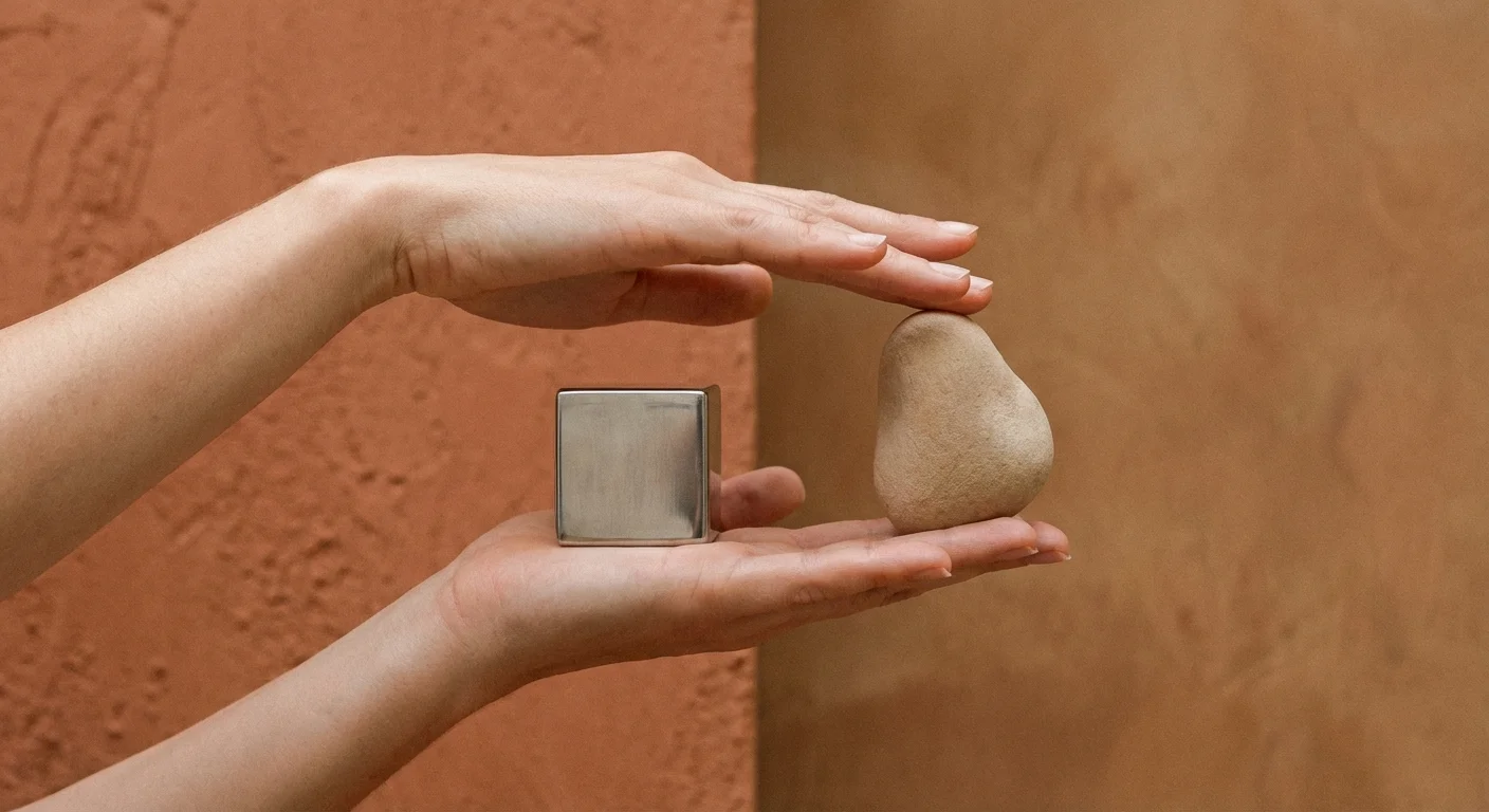 A conceptual image of hands balancing a geometric metal cube and an organic stone.
