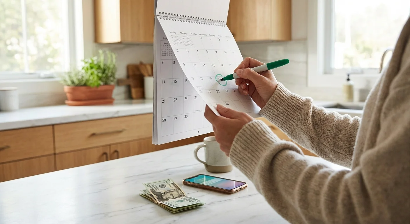 Hands marking a calendar next to a small stack of savings, symbolizing planned expenses.