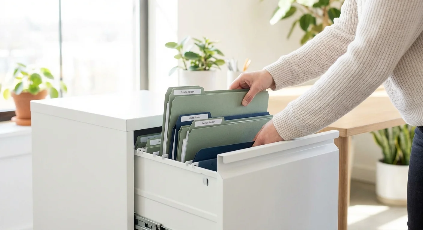 Hands organizing colored folders into a modern filing cabinet.