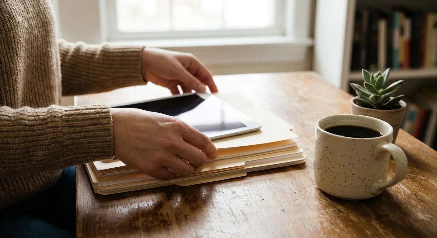 Hands organizing financial documents and a tablet on a wooden table.