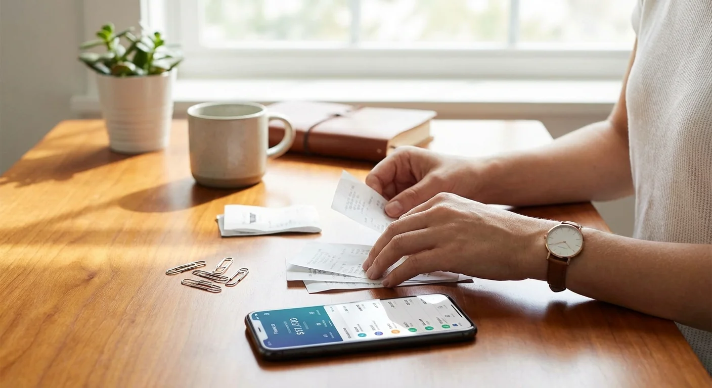 Hands organizing receipts and a phone on a bright, clean desk.