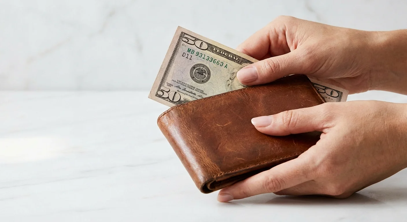 Close-up of hands holding a 50 dollar bill over a clean marble surface, symbolizing purchasing power.