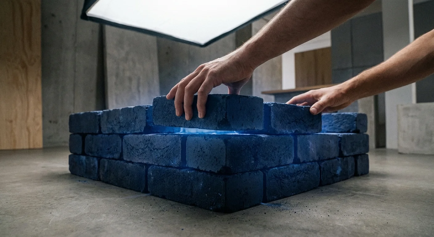 Close-up 3D render of hands building a sturdy foundation with glowing blue architectural blocks.