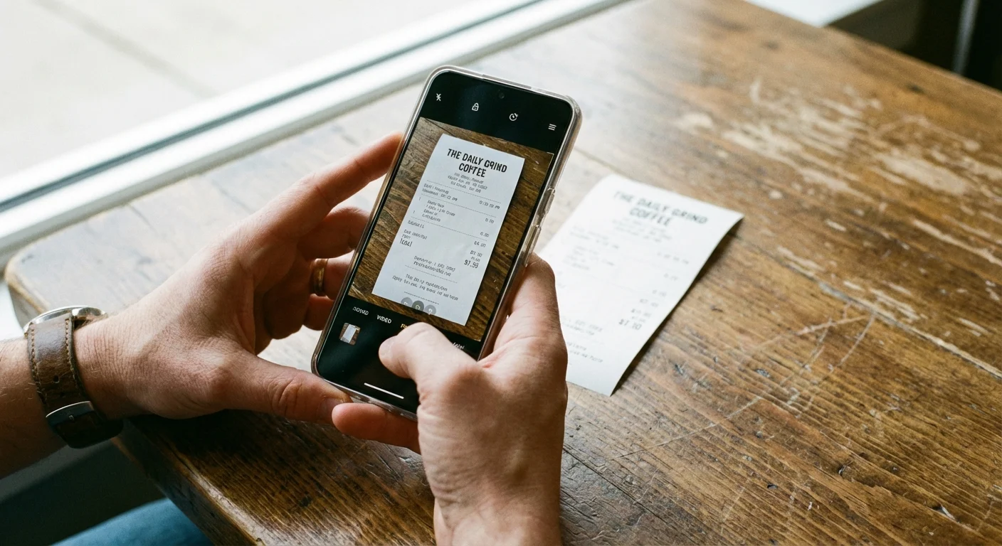 Hands taking a photo of a shopping receipt with a smartphone.