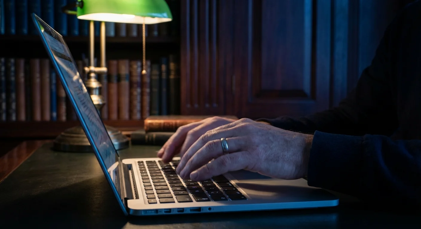 Hands typing on a laptop in a dark, sophisticated library setting.