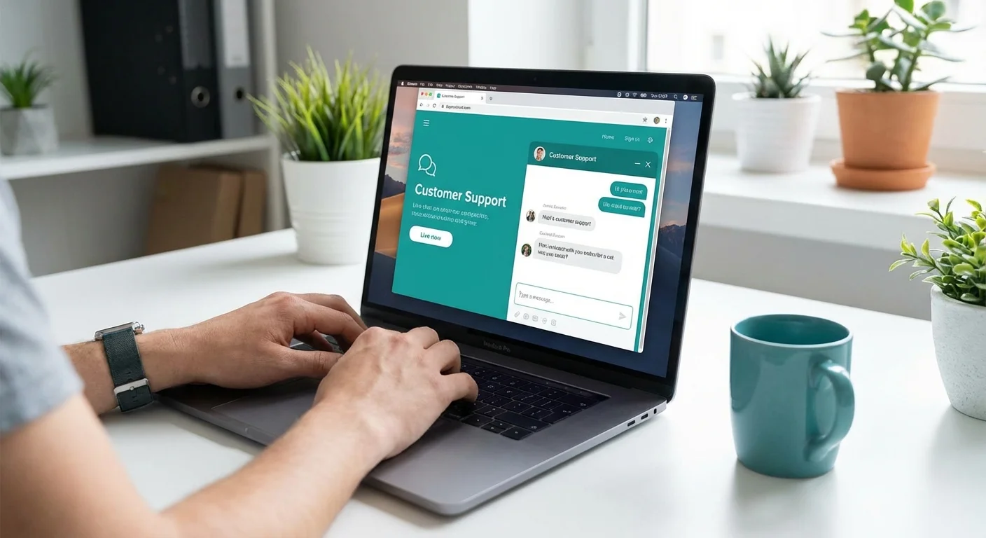 Hands typing on a laptop with a customer support chat window visible on the screen.