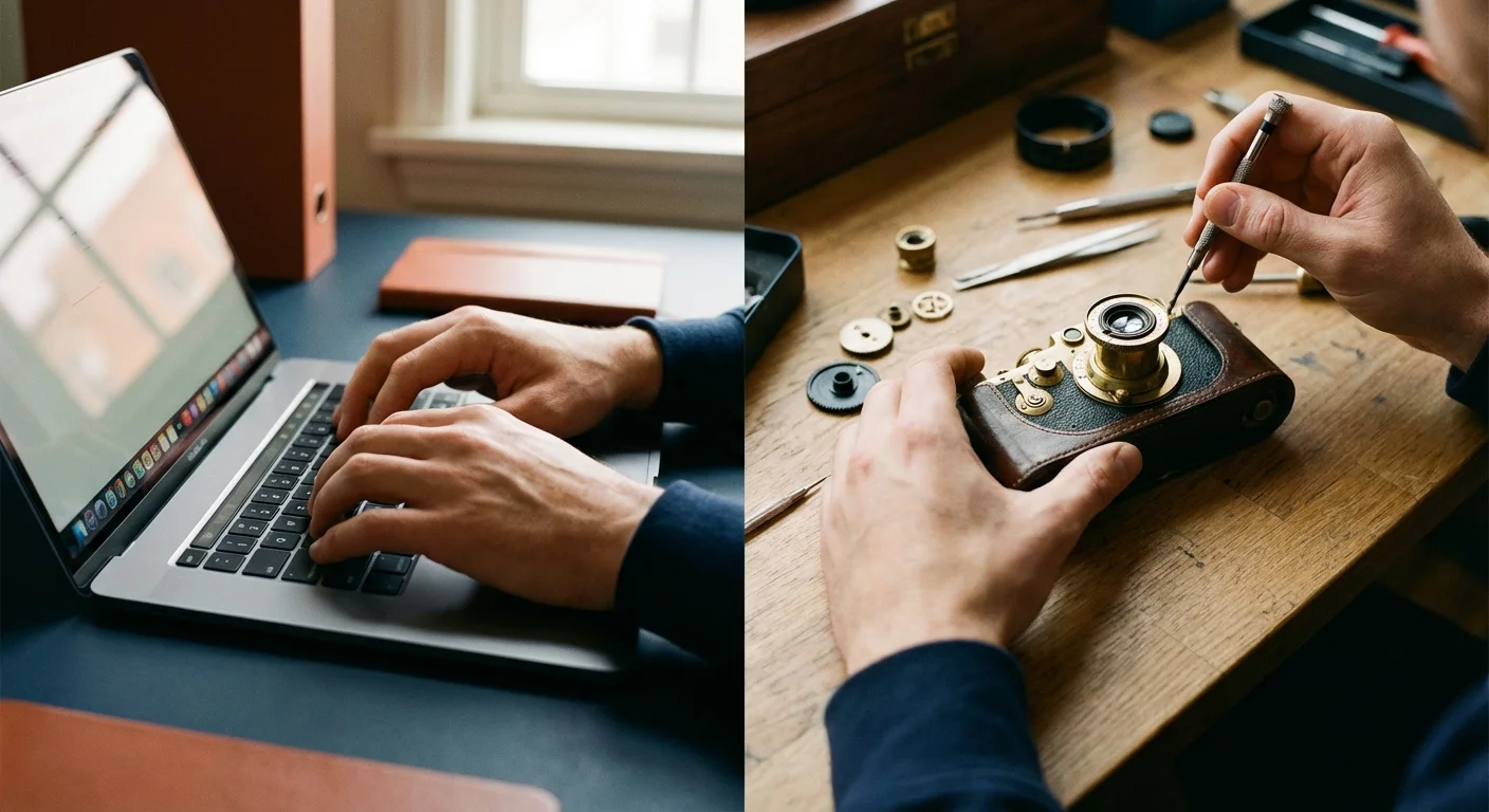 Close-up of hands engaged in digital work and manual repair side-by-side.