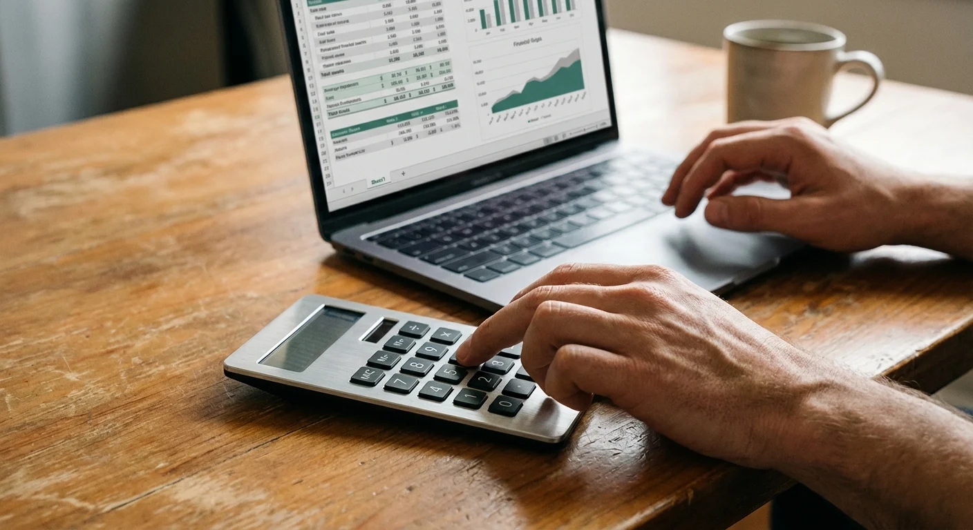 Hands using a calculator and laptop to perform financial calculations.