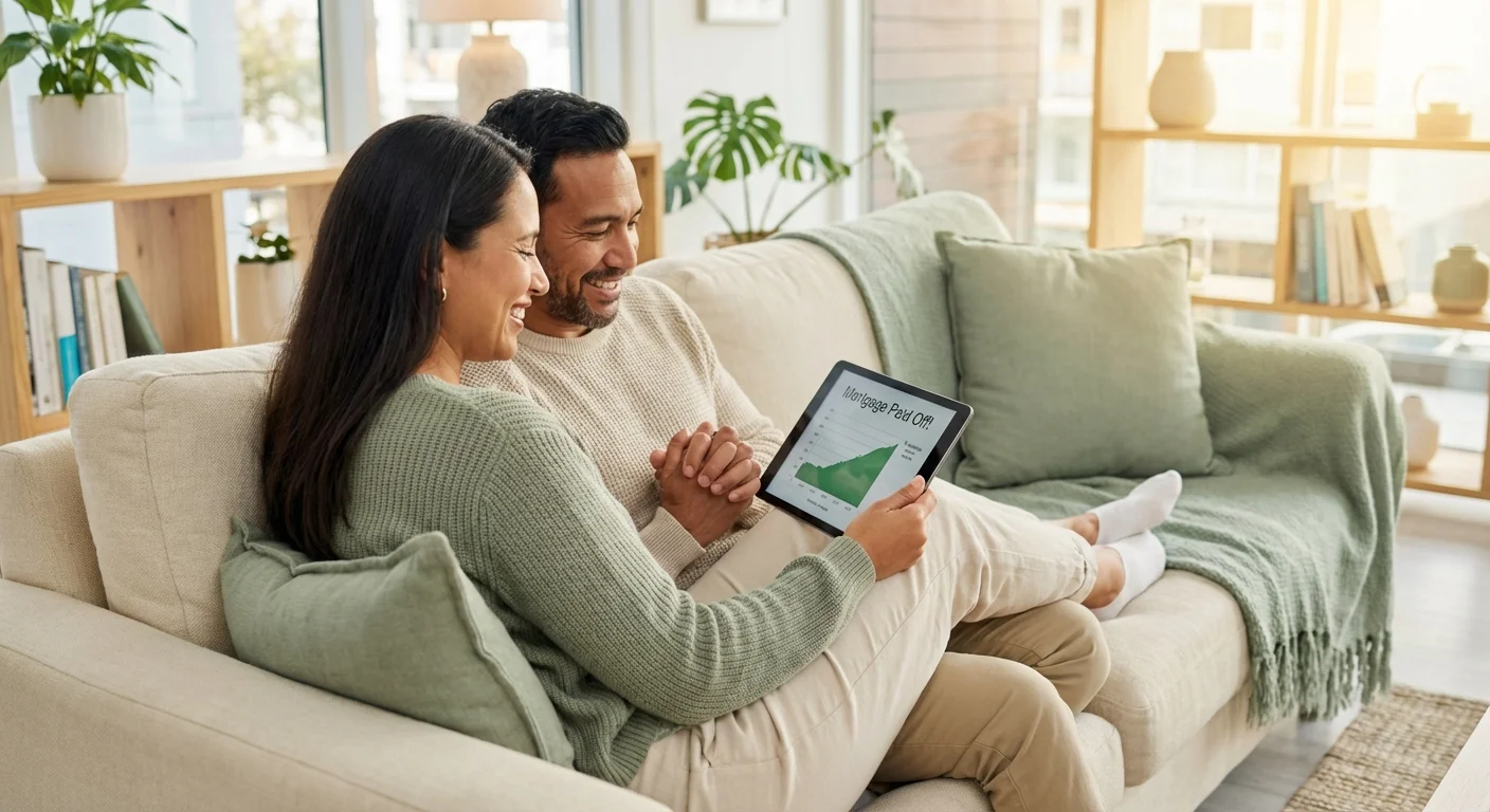 A couple sits on a sofa discussing financial options on a tablet.