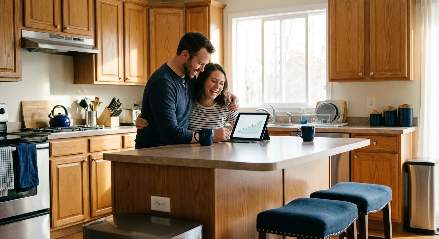 A happy couple reviewing their financial progress on a digital tablet.