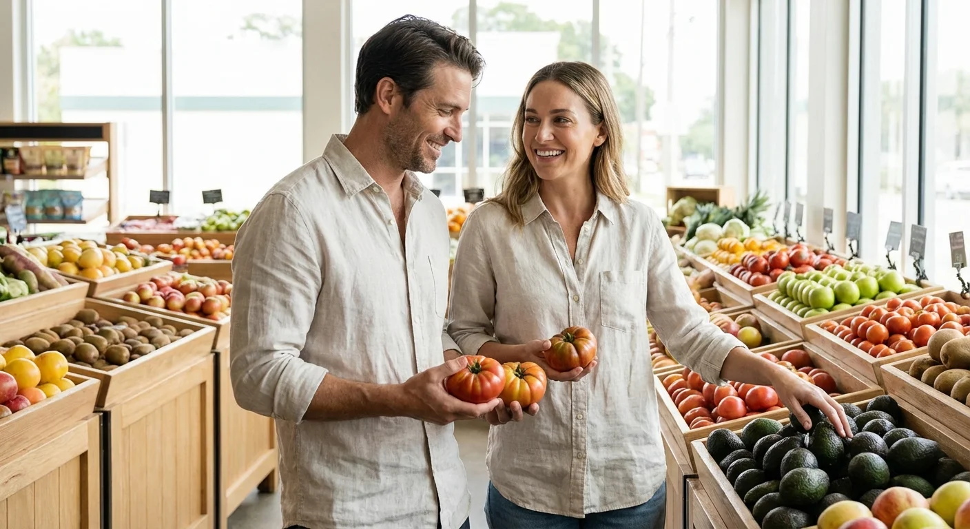 A couple shopping for groceries together in a bright, modern store.