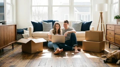 Couple using a laptop on the floor of a new home with moving boxes