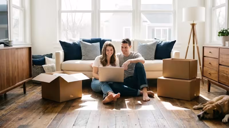Couple using a laptop on the floor of a new home with moving boxes