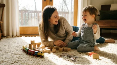 A happy mother and toddler laughing while playing with wooden blocks on a rug.