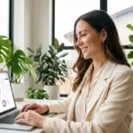 A professional woman managing her finances in a sunlit, modern home office.