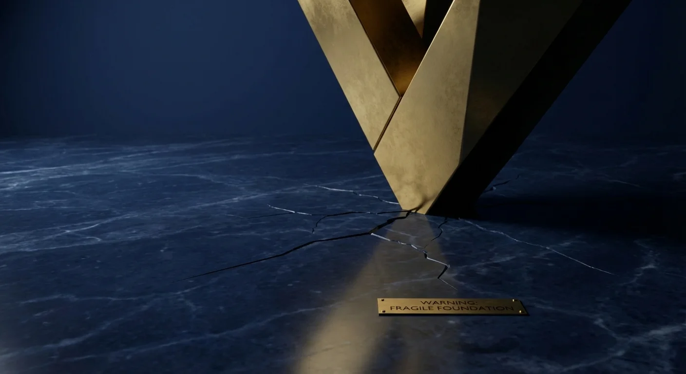 A close-up of a subtle crack in a polished navy floor beneath a golden geometric object.