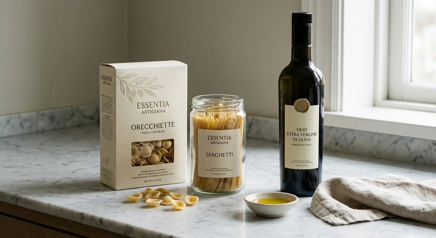 High-quality store-brand food products arranged elegantly on a marble kitchen counter.