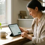 A person calmly reviewing financial growth on a tablet in a bright, modern kitchen.